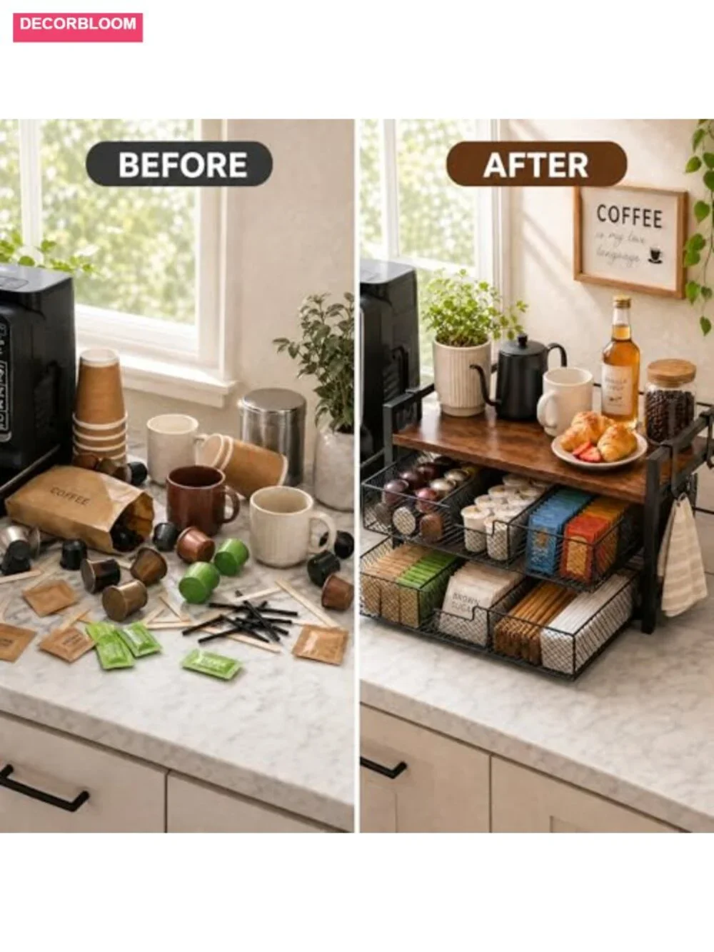 Rustic Brown Coffee Station Organizer with 2 Drawers and Hooks, Holds 36 K